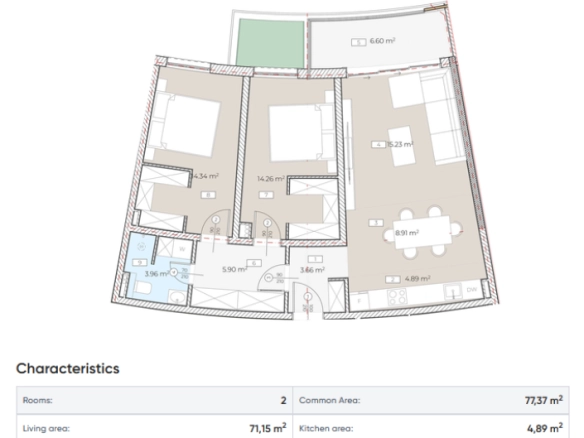 Dvosoban stan 77 m² u kompleksu u izgradnji sa bazenom – Bečići, Budva