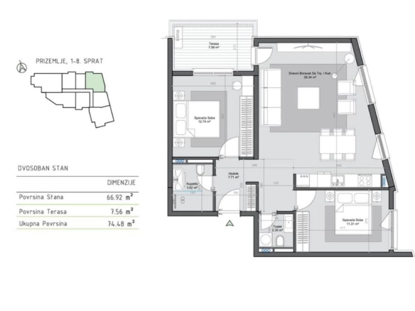 Dvosoban stan 75 m² u kompleksu u izgradnji – Bar