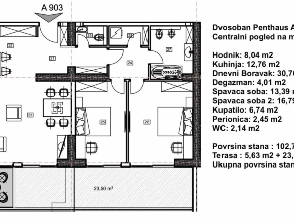Dvosoban penthaus 126 m² sa pogledom na more i Stari grad – Budva