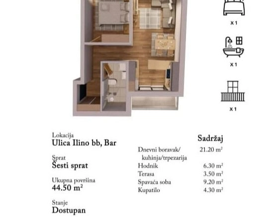Jednosoban stan 45 m² – Bar — fotografija 2