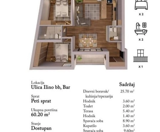 Dvosoban stan 60 m² – Bar — fotografija 2